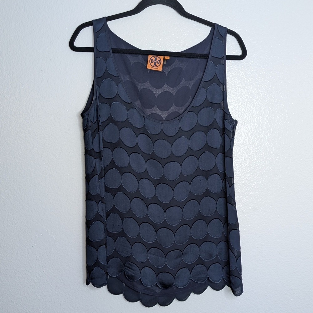 Tory Burch Navy Blue Silk Blend Scalloped Circle Tank Top Women M